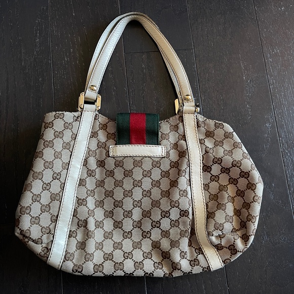 Gucci GG monogram Canvas leather Web beige/cream hobo Tote Bag classic - Picture 7 of 16